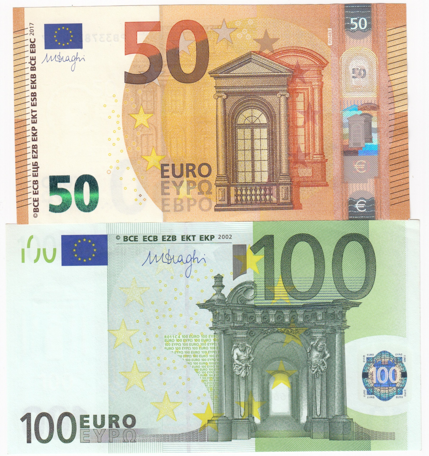 EU 100 Euros 2002 & 50 Euros 2017 Mario Draghi signatures (2) - Lot №1801.  Auction Coins.ee