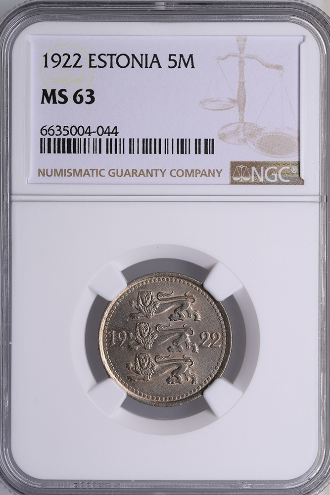 Estonia 5 Marka 1922 - NGC MS 63 - Positsioon №1104. Oksjon Coins.ee